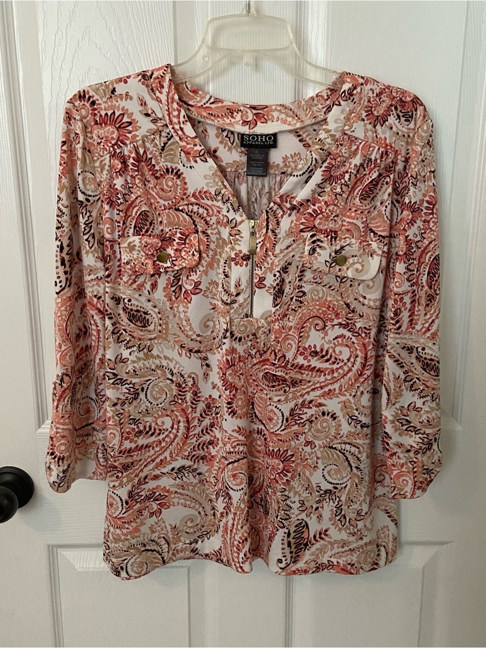 SOHO Apparel Ltd Paisley Zip Front Blouse Large 3/4 Sleeve Stretch Top